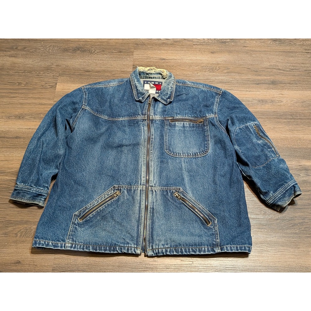 Tommy Hilfiger Vintage 90s Denim Full Zip Jacket Blue Distressed XL RN66476